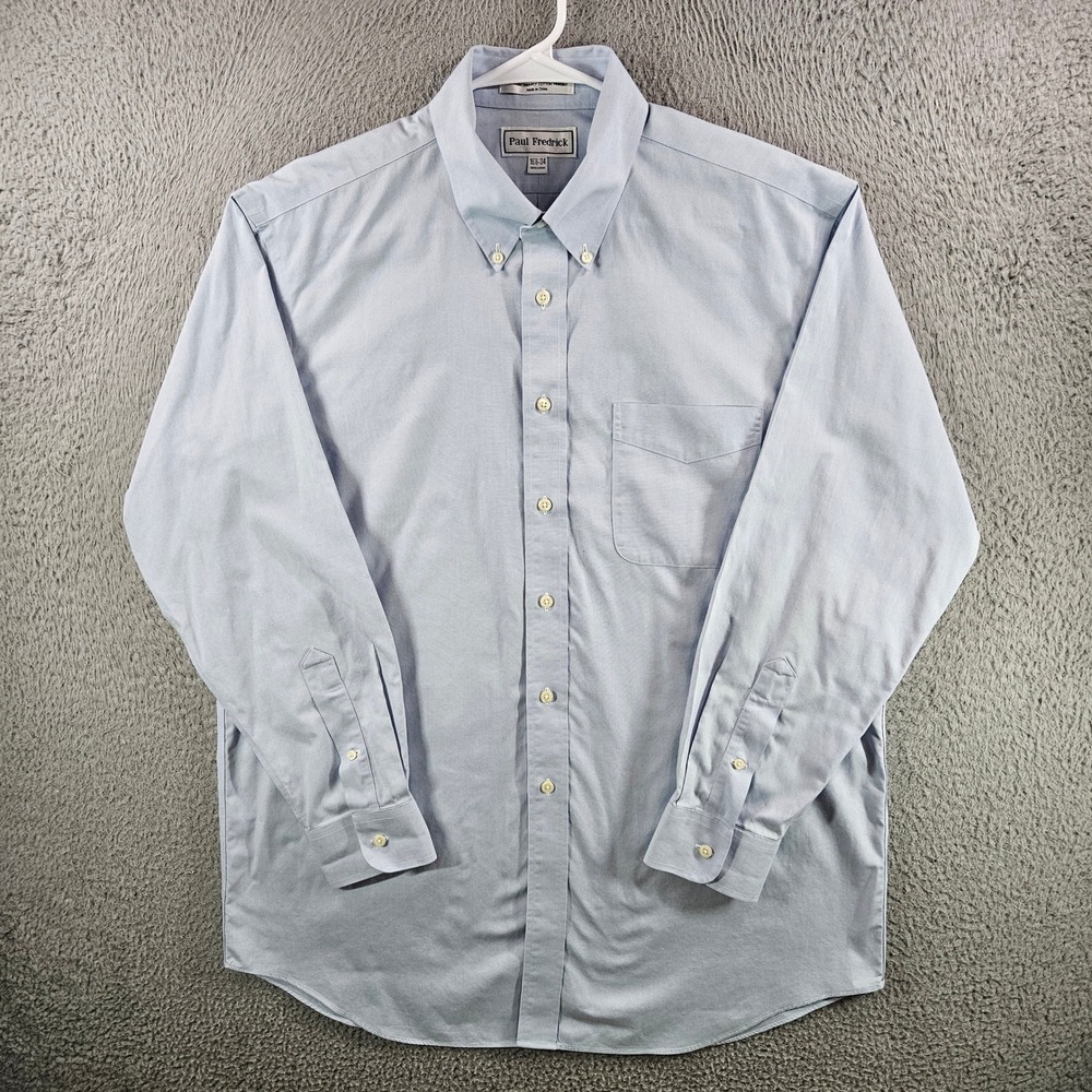 Paul Fredrick Mens 16.5-34 Blue Non-Iron Two-Ply Cotton Pinpoint Dress Shirt